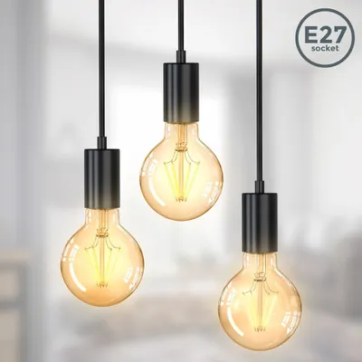 Immagine prodotto di B.K.Licht Lampadario vintage, adatto per 3 lampadine E27 non incluse, altezza totale 1.2 m, Lampada a sospensione per sala da pranzo o cucina, Lampada da soffitto, luci a diverse altezze, nero opaco
