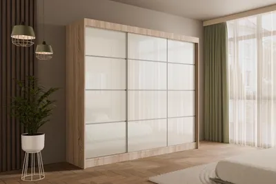 Produktbild von ALTDECOR Kleiderschrank mit Lacobel-Schiebetüren, kugelgelagerte Führungsschienen und Aluminium-Leisten - PEKA3 - 250 cm Sonoma /  Weiß