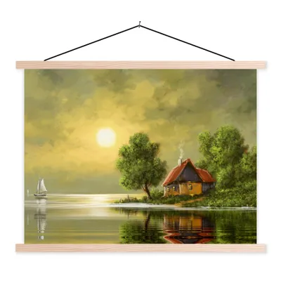 Produktbild von MuchoWow® Textilposter Gemälde - Ölfarbe - Haus - Natur - Wasser 120x90 cm mit holzfarbenen Rahmen - Magnetisch