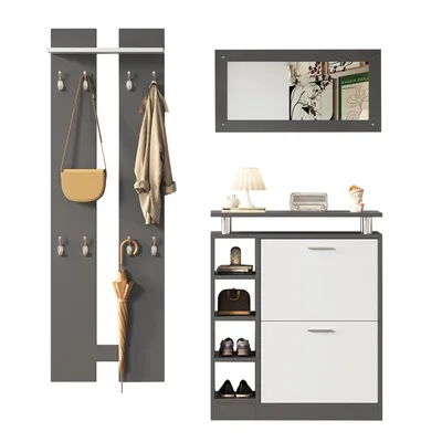 Produktbild von Wandgarderoben-Set 80 x 25 x 96.5 cm, inkl. Spiegel, 2 Wandpaneelen, einer Regalwand und einem Schuhschrank, Korpus anthrazitgrau matt, Flurmöbel
