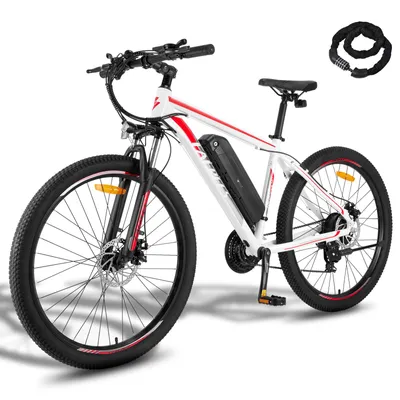 Produktbild von E-Bike Pedelec MTB 27,5 Zoll Rostfreie Aluminiumlegierung bis zu 90 - 110 km Mountainbike mit 21 Gang Wasserdicht IPX4, Weiß und Rot