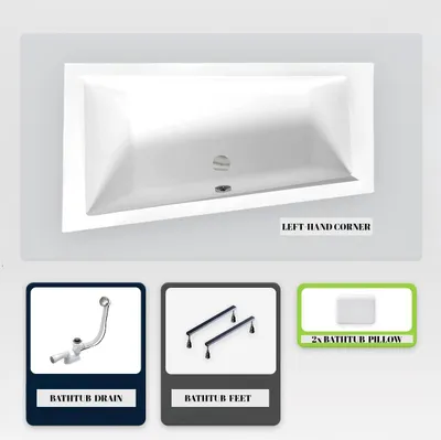 Produktbild von Asymmetrische Badewanne - 180 x 125 cm - Links - ohne Verkleidung - mit Füßen - 2 Kopfstützen - Ablaufgarnitur Chrom - INTIMA SLIM