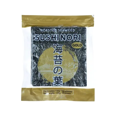A package of roasted seaweed sheets for sushi.