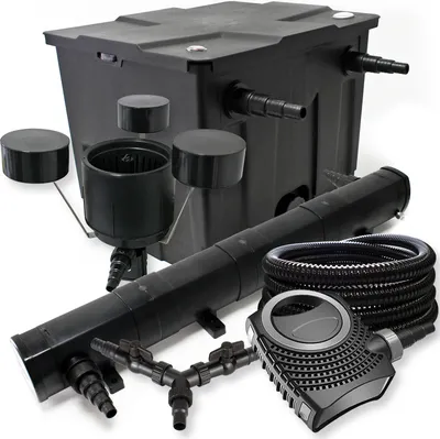Immagine prodotto di Set completo SunSun: filtro per laghetti CBF-350 fino a 12000 L, pompa per laghetti CTF-8000 8000l/h 70W, chiarificatore per laghetti CUV-272 72W, tubo per laghetti da 25 m 25 mm, schiumatoio CSP-250 2500l/h 45W, distributore a Y