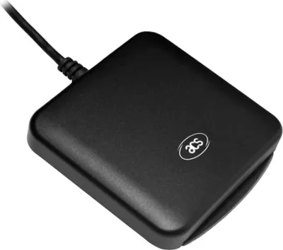 A black smart card reader with a USB cable attached.