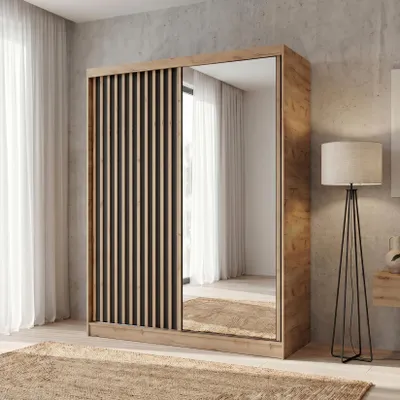 Produktbild von BEAUTYSOFA | Kleiderschrank DONATELLO 160 cm Artisan/Schwarz mit Spiegel und Lamellen Schwebetürenschrank modern