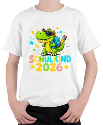 Produktbild von Schulkind 2026 Dinosaurier Einschulung Junge Schulanfang T-Rex Kinder T-Shirt, Weiß, 152