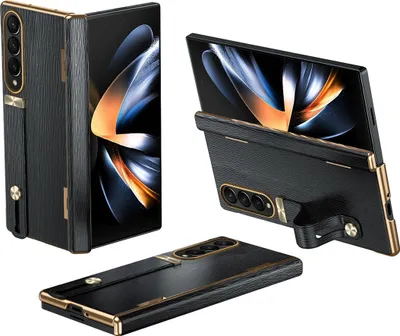 Image de Etui en cuir de luxe pour Samsung Galaxy Z Fold 4 5G avec dragonne, support et protection de charnière noir