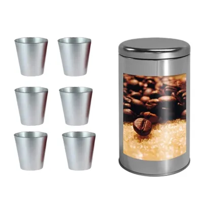 Produktbild von Kaffeedose aus Edelstahl mit Kaffeebohnen-Motiv und 6 Glasbecher Set, Silber