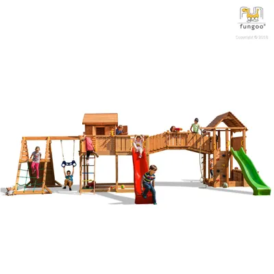 Produktbild von Fungoo Spielturm "Maxi Set Spider Land My Space XL Fortress Toybox Rainbow Spider+" teak mit 2x Rutschen, 2x Spieltürmen, Verbindungsbrücke, Schaukel, Leiter, Trapez, Kletterseil und Kletterwände