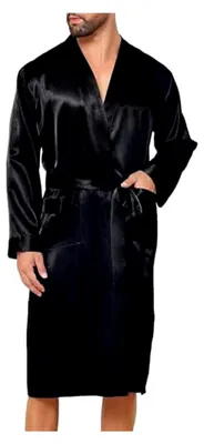 Produktbild von Langer Satin Bademantel für Herren mit Kimono-Design und zwei Taschen