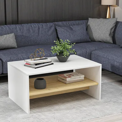 A white and wood-tone coffee table sits in front of a blue sofa, decorated with books and a potted plant.