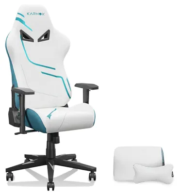 Immagine prodotto di Sedia da gaming KORNOX, rivestita in tessuto, schienale alto, regolabile in altezza, con supporto lombare e poggiatesta, colore bianco e blu