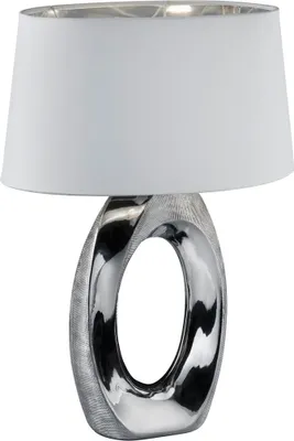 Produktbild von Große Tischleuchte mit Keramikfuß Silber, Stoffschirm Weiß & E27 LED, Höhe 52cm