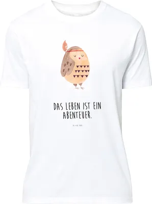 Produktbild von Mr. & Mrs. Panda Shirt Eule Federschmuck - Weiß - Geschenk, S T-Shirt, oberteil, Owl, Abenteuer, Entspannt, Basic-Shirt, Tshirt, Waldtiere