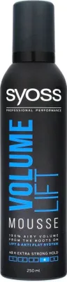 A black aerosol can of hair mousse with blue and white text.