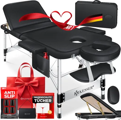 Produktbild von KESSER® Mobile Massageliege klappbar & höhenverstellbar 3 Zonen Massagebett Massagetisch Therapieliege Aluminium + 10x Gesichtsauflage mit Kopfstütze, 61 cm, Schwarz