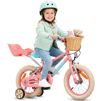 Obrázok produktu pre Detský bicykel pre dievčatá, 14 palcov, 7,49 kg, s voľnobehom, sedadlom pre bábiku, pomocnými kolieskami, košíkom, zvončekom a V-brzdami, LOVEL, ružový