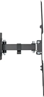 A side view of a black TV wall mount against a white background.