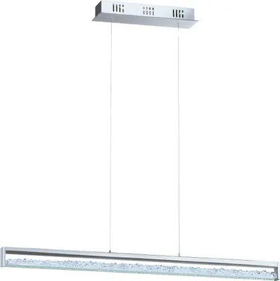 A modern pendant light fixture with a rectangular metal frame and clear crystal-like elements inside, suspended by thin wires against a white background.