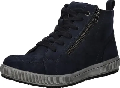 A single navy blue high-top sneaker with a gray sole is shown against a white background.