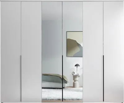 Produktbild von Kleiderschrank KEVO, weiß melaminbeschichtet, 6-türig, 270x225x52cm, mit 3 Einlegeböden, 3 Kleiderstangen und 2 Spiegeln
