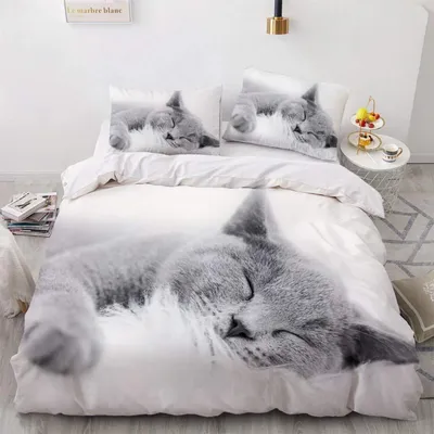 Produktbild von Bettwäsche-Set 4-teilig 135x200cm Weiß Katzen-Motiv Mikrofaser mit Reißverschluss