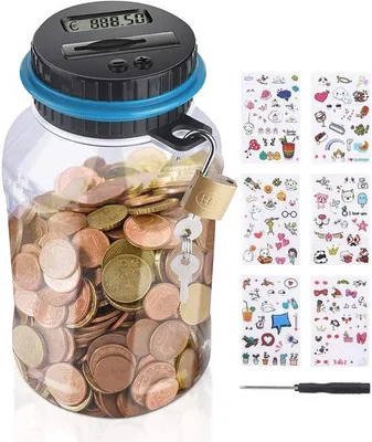 Produktbild von Famanu Spardose mit digitalem Zähler und LCD-Display für Kinder - 1,8 Liter, automatisches Schloss, bunte Aufkleber