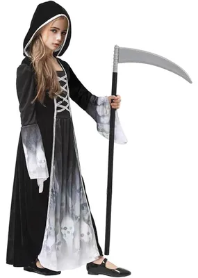 Productafbeelding van Kinderkostuum: Skeletjurk met kap en zeis voor meisjes, maat XXL (12-15 jaar)