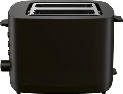 A black toaster sits on a white background.