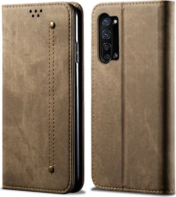 Image de OPPO Find X2 Lite Housse, LaimTop Denim Cuir Portefeuille Fermeture magnétique Flip Bookstyle Housse avec fonction stand pour OPPO Find X2 Lite OPPO Find X2 Lite Kaki