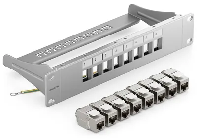 Produktbild von deleyCON 8 Port Patchpanel Set Patchfeld CAT6a 1 HE 10 Zoll - Grau