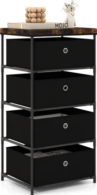 A four-drawer fabric dresser with a wood-effect top is shown against a white background. Decorative items are placed on top of the dresser.
