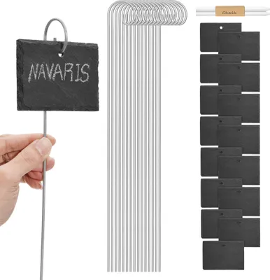 Produktbild von Navaris 15x Schiefer Pflanzenschilder mit 40cm Metallstab - mit Kreide - 10 x 7cm - Pflanzenstecker zum Beschriften - Garten Schiefertafel Schilder -