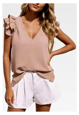 Produktbild von Damenbluse mit Rüschenärmeln, Kurzarm, V-Ausschnitt, Puffärmeln, Chiffon, elegante Arbeitsbluse, Büro-Outfit, Sommerhemd, lässiges Blusenshirt, Tunika