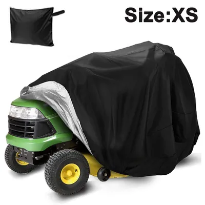 A black cover is shown placed over a green riding lawn mower. A small black storage bag is in the top left corner of the image.
