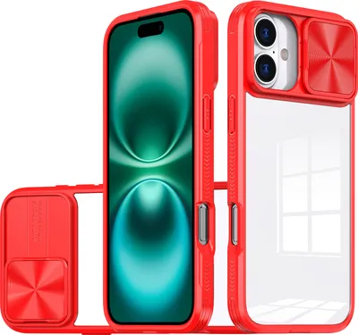 Produktbild von Hülle für iPhone 16 Plus Transparent TPU Bumper Schutzhülle mit Schiebe Kamera Schutz Rot