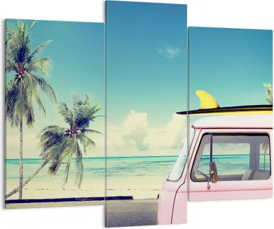Produktbild von Bild auf Leinwand - Leinwandbild - Auto Surfbrett Strand Ozean - 130x100cm - Wand Bild - Wanddeko - Leinwanddruck - Bilder - Kunstdruck - Wanddekoration - Leinwand bilder - Wandkunst - CB130x100-2835