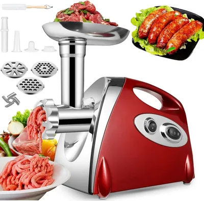 Produktbild von 2800W Elektrischer Fleischwolf, 3in1 Multi Küchenmaschine,Super-intelligenter Wärmeschutz,Wurstmaschine mit 3 Lochscheiben, 4 Kegel-Klingen,rot