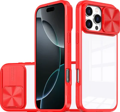 Produktbild von Hülle für iPhone 16 Pro Max Transparent TPU Bumper Schutzhülle mit Schiebe Kamera Schutz Rot