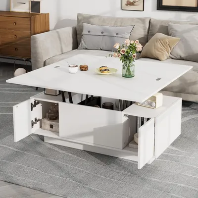 Immagine prodotto di OKWISH Tavolino da caffè sollevabile con portaoggetti nascosto - Piano regolabile con doppio sistema di sollevamento - Design moderno per il soggiorno - Pannello in MDF - Bianco