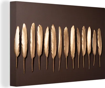 Produktbild von MuchoWow® - Leinwandbilder - Goldene Federn auf braunem Hintergrund, Wandbild, Wanddeko Bilder Wohnzimmer, 90x60cm