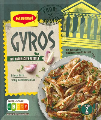A package of Maggi Gyros seasoning mix with a picture of prepared Gyros meat.