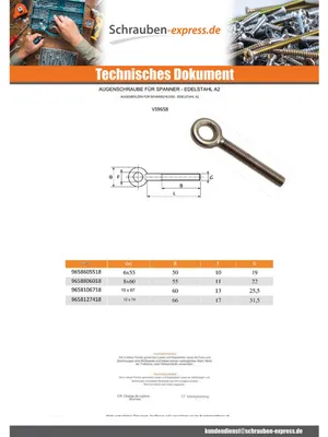 Produktbild von Augenschraube für Spannwirbel Auge 11 Edelstahl A2 8x60