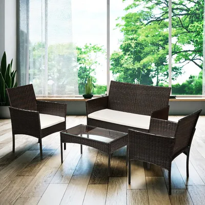 Produktbild von Ikodm 4-teiliges Polyrattan-Gartenmöbel-Set mit 2 Sesseln, Sofa, Glastisch und Kissen, Braun