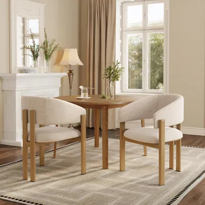Productafbeelding van MODFU 2-delige set eetkamerstoelen met armleuningen, designstoelen met beige linnen bekleding en metalen frame, moderne keukenstoelen, natuurlijke stijl