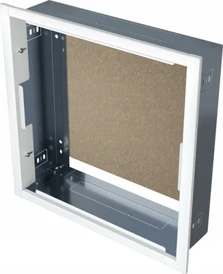 A white and gray metal recessed housing unit with a brown fiberboard backing.