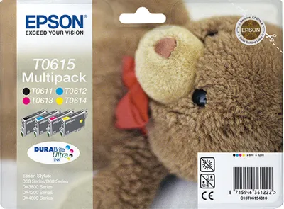 Zdjęcie produktu dla Epson Teddybear Multipack 4-kolorowy T0615 DURABrite Ultra Ink, Standardowa wydajność, Czarny, Cyjan, Purpurowy, Żółty, 8 ml, 8 ml, 1 szt., Multipak