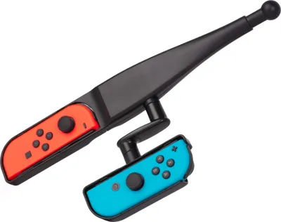 A black gaming accessory with red and blue controllers attached, isolated on a white background.