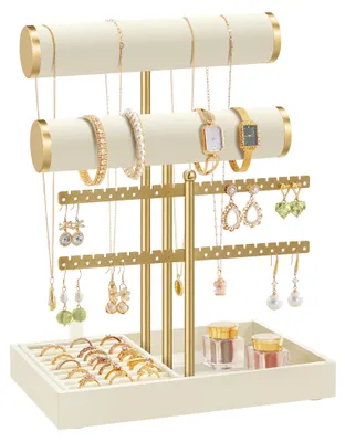 Produktbild von SONGMICS Schmuckständer mit abnehmbarem Ringhalter, Schmuck-Organizer, Tablett aus Samt, weiß-gold